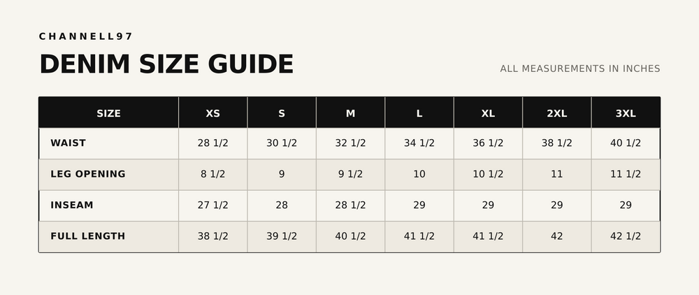 PREMIUM DENIM LIGHT WASH (SELVEDGE) sizing guide