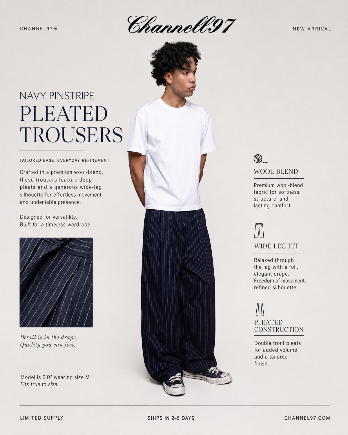 PLEATED TROUSER (PINSTRIPE) (NAVY)
