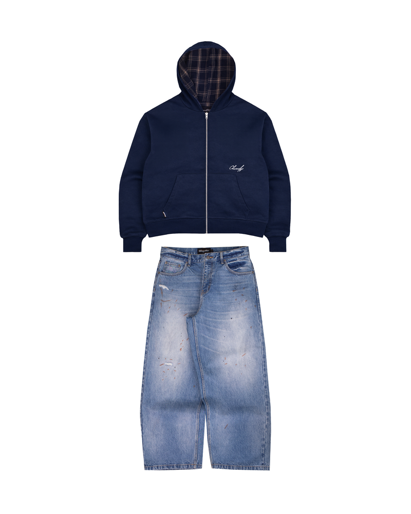 FLANNEL HOODIE + TOPSTITCH DENIM