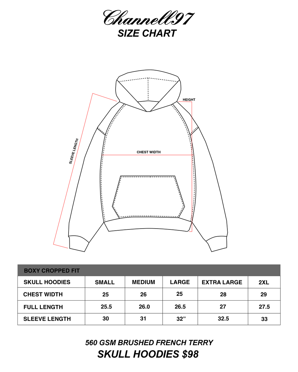 SKULL HOODIE GRAY sizing guide