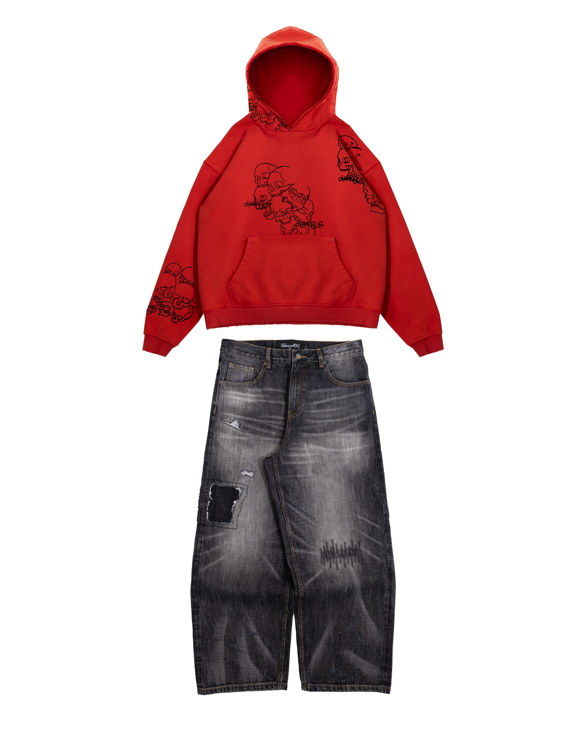 BLACK REPAIRED AND RED SKULL HOODIE BUNDLE