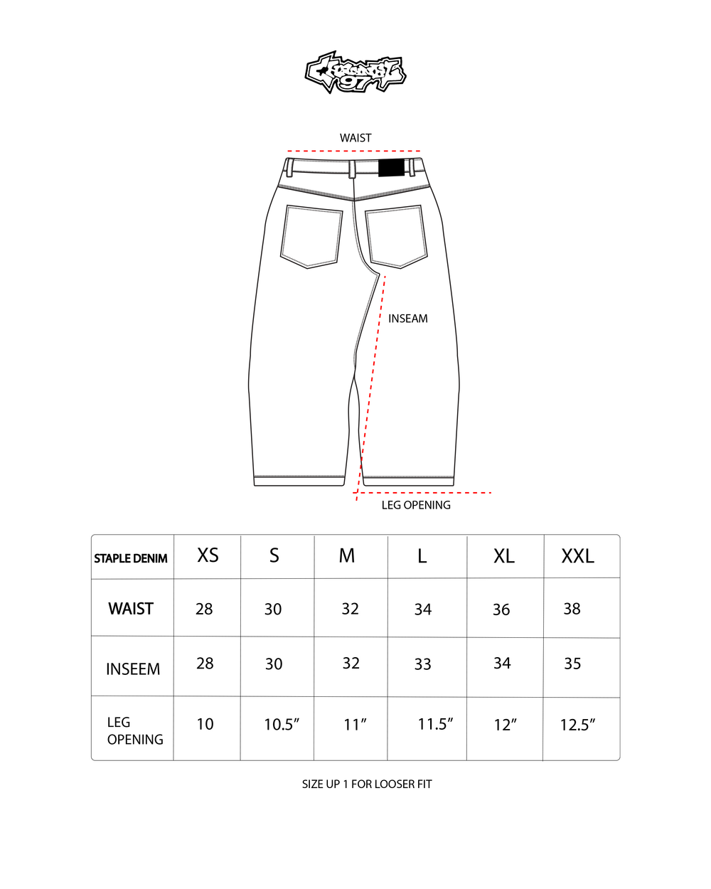 STAPLE DENIM BLACK sizing guide