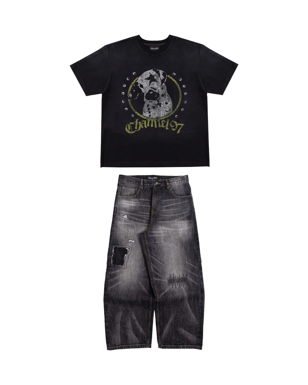 BLACK REPAIRED DENIM + DOGS WORLD TEE (BUNDLE)