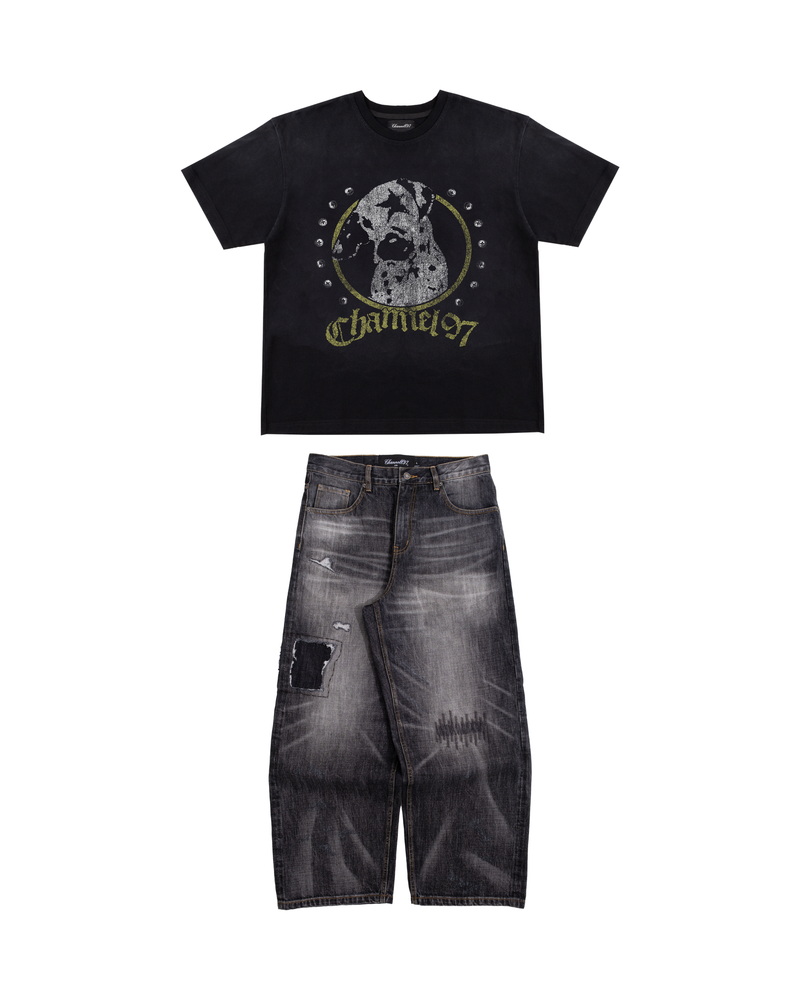 BLACK REPAIRED DENIM + DOGS WORLD TEE (BUNDLE)