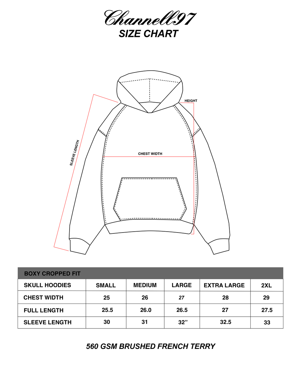 REVERSIBLE HOODIE (FLANNEL) sizing guide