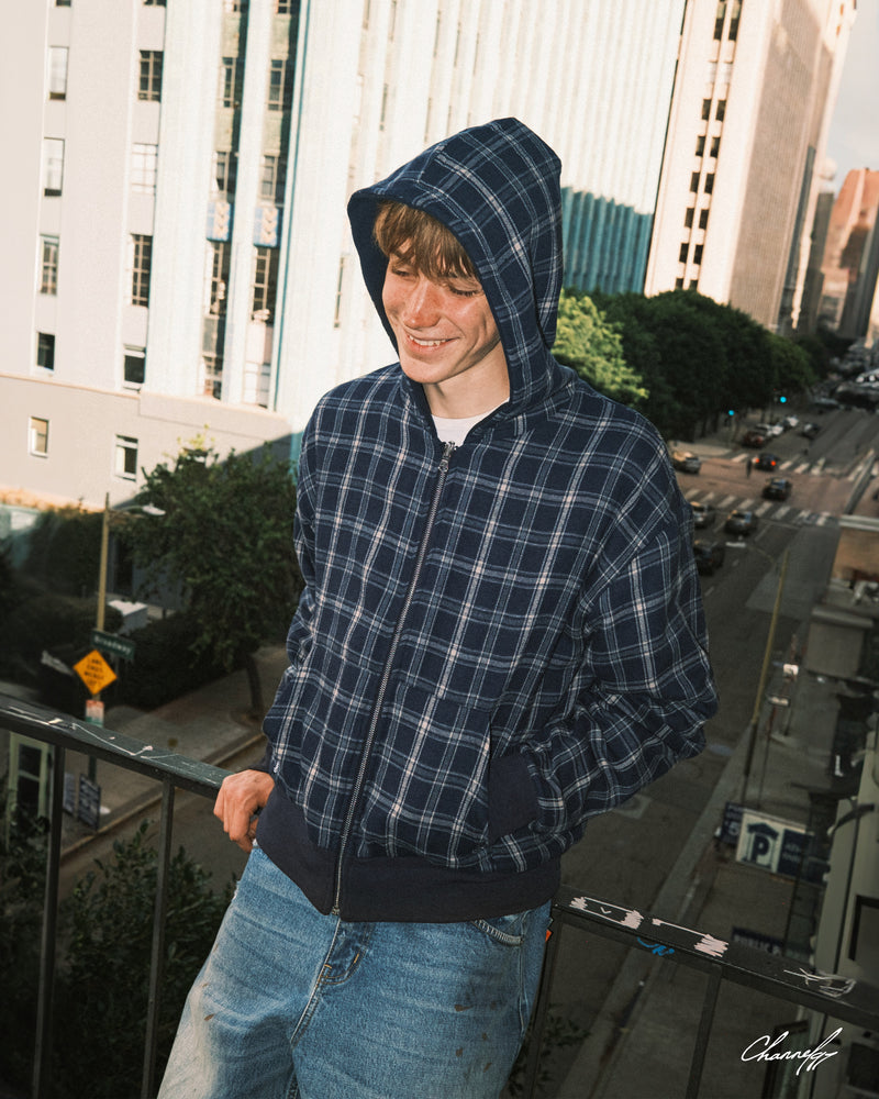 FLANNEL HOODIE + TOPSTITCH DENIM