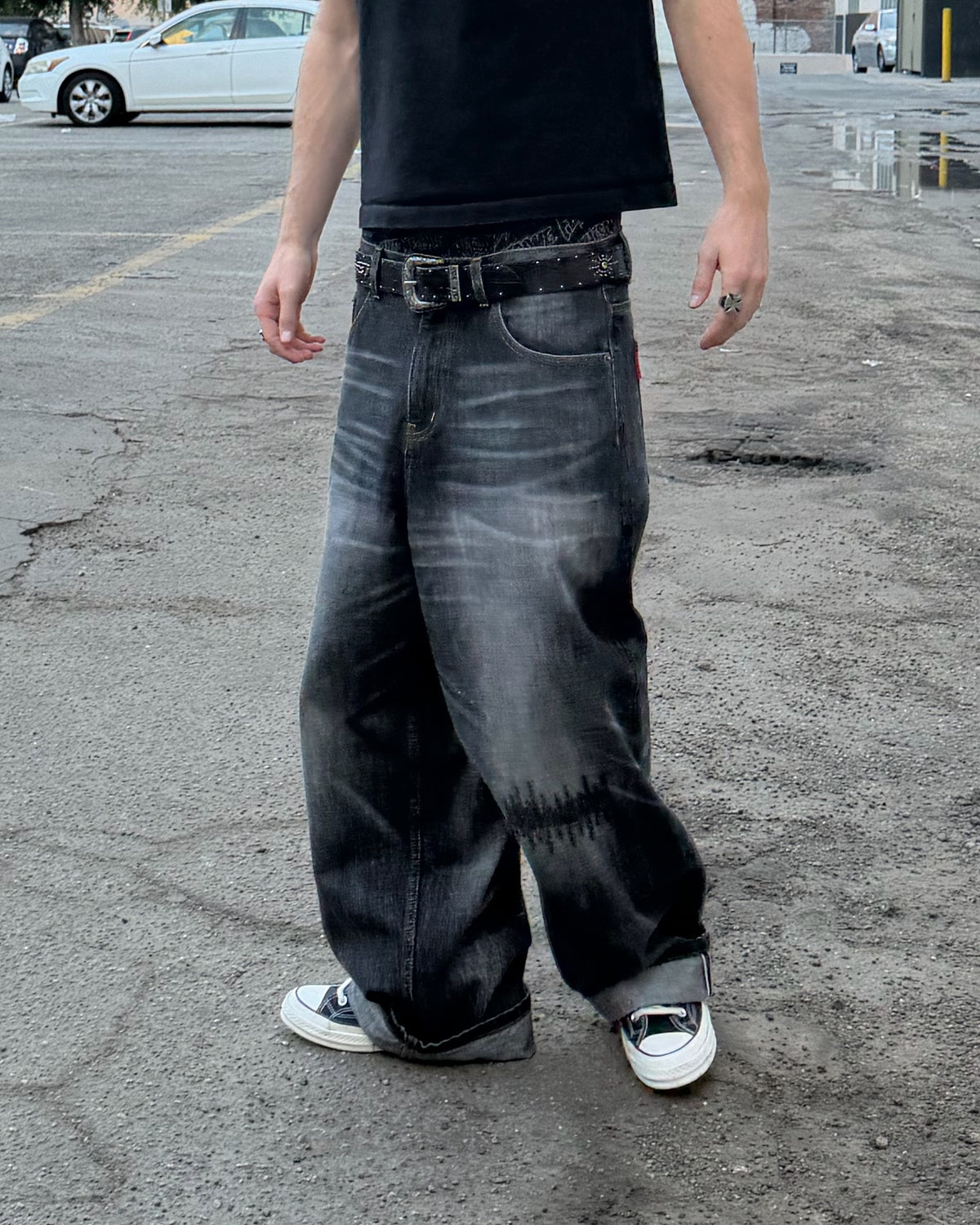 BLACK REPAIRED DENIM + DOGS WORLD TEE (BUNDLE)